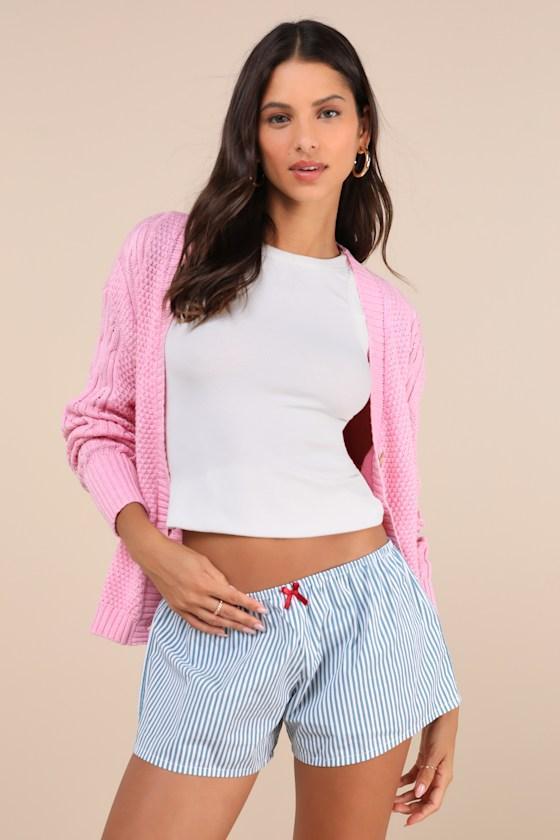 Rata Blue and White Striped Cotton Poplin Shorts Product Image
