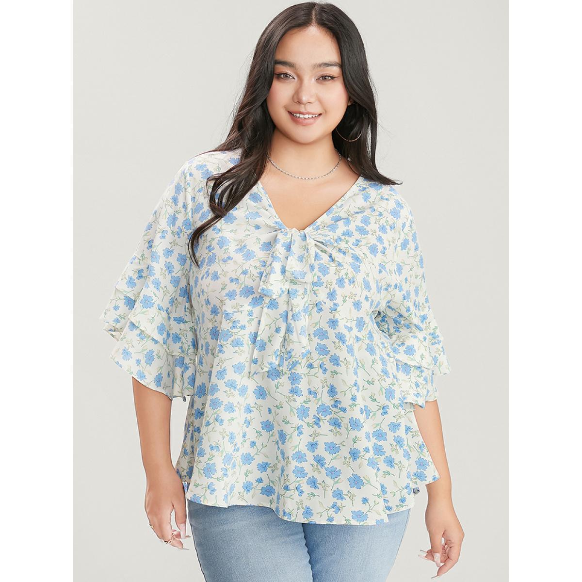 Plus Size White Floral Printed Knotted Front V Neck Ruffle Sleeve Blouse Women Elegant Elbow-length sleeve V-neck Dailywear Blouses BloomChic 14-16/1X Product Image