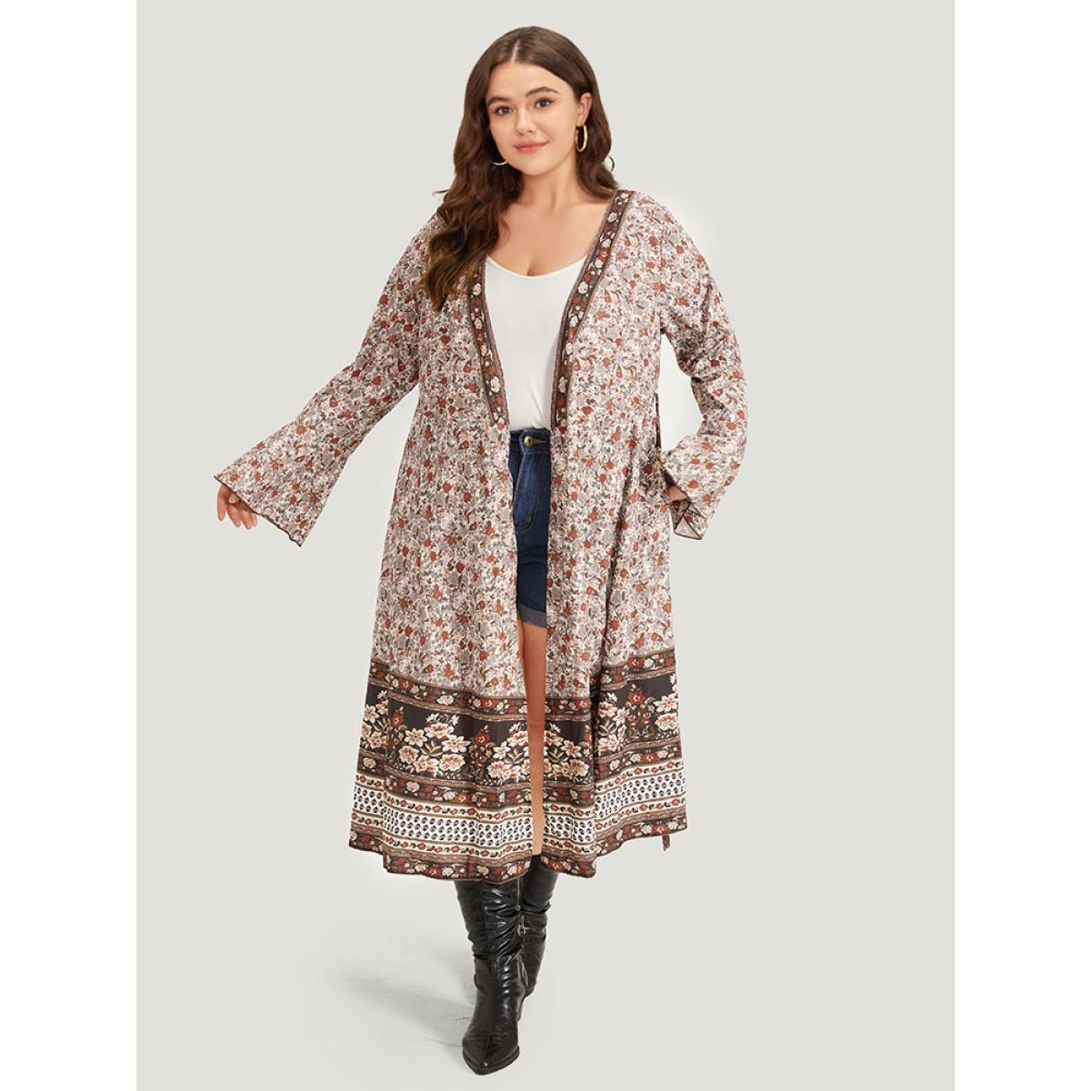Plus Size Bandana Print Belted Open Front Bell Sleeve Kimono Women Maroon Resort Belted Loose Belt Vacation Kimonos BloomChic 26/4X Product Image