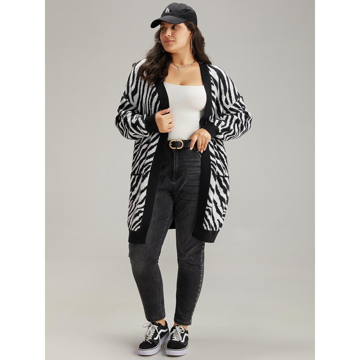 Plus Size Supersoft Essentials Zebra Print Patched Pocket Cardigan Black Women Casual Loose Long Sleeve Dailywear Cardigans BloomChic 26/4X Product Image