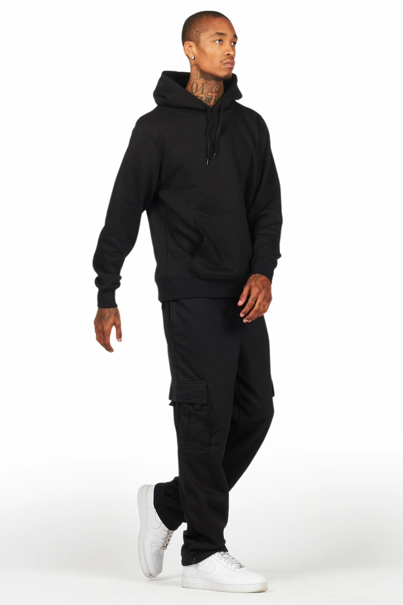 Basic Black Hoodie/Cargo Sweat Pant Set Male Product Image