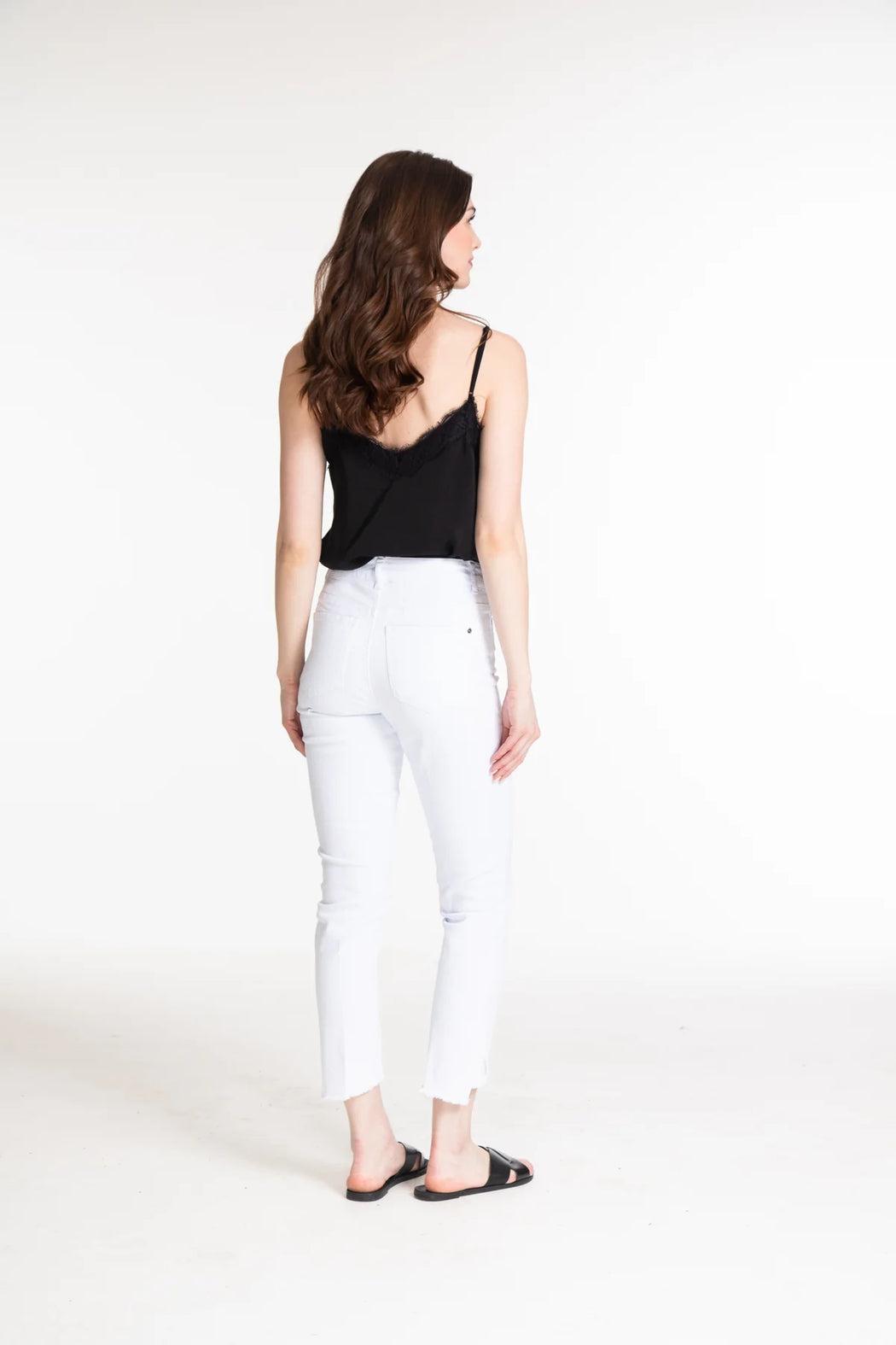 CONTOUR WAIST ASYMMETRICAL FRINGE HEM ANKLE JEAN - medium indigo only Female Product Image
