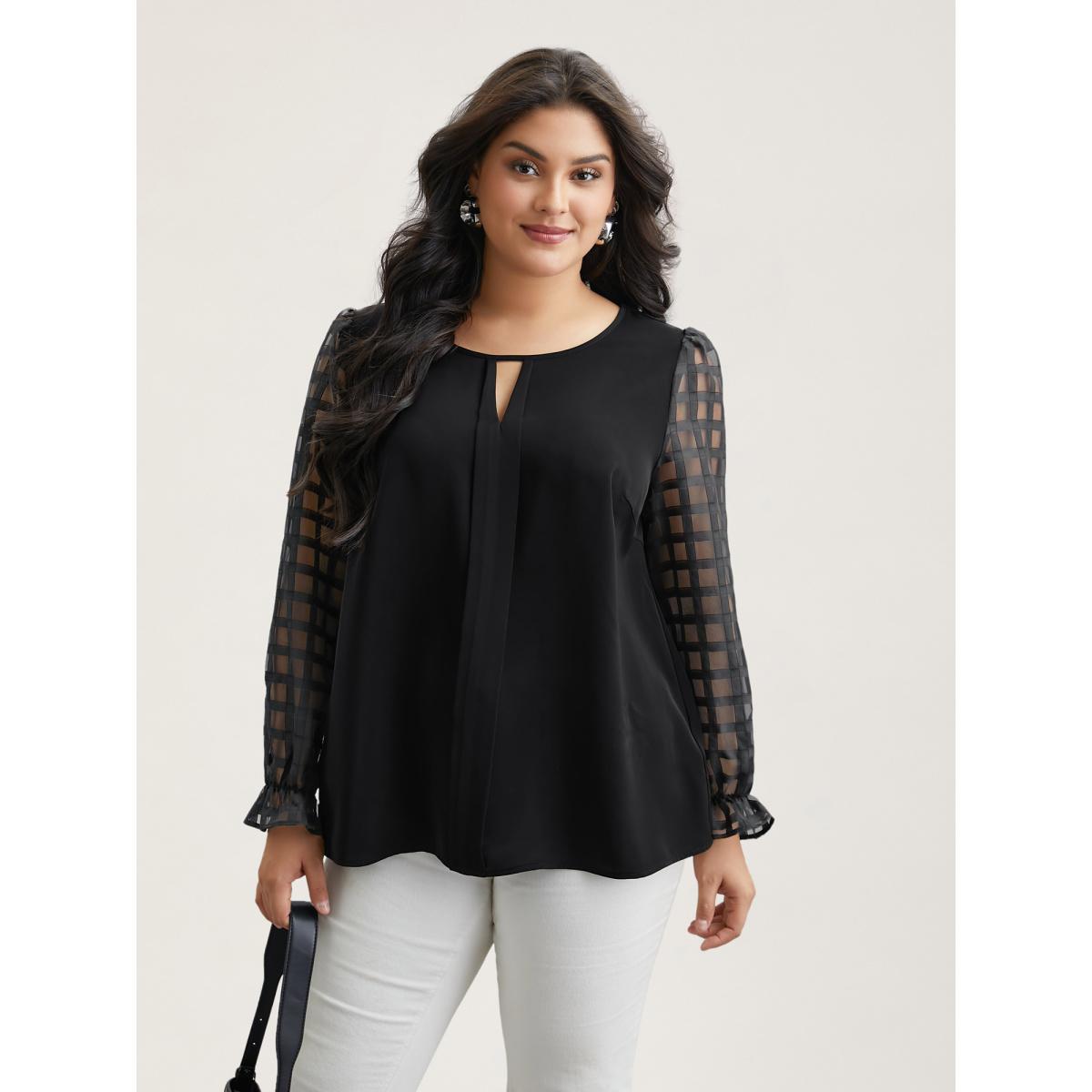 Plus Size Black Sheer Textured Sleeve Neck Cut-Out Shirt Women At the Office Long Sleeve Round Neck Work Blouses BloomChic 28/5X Product Image
