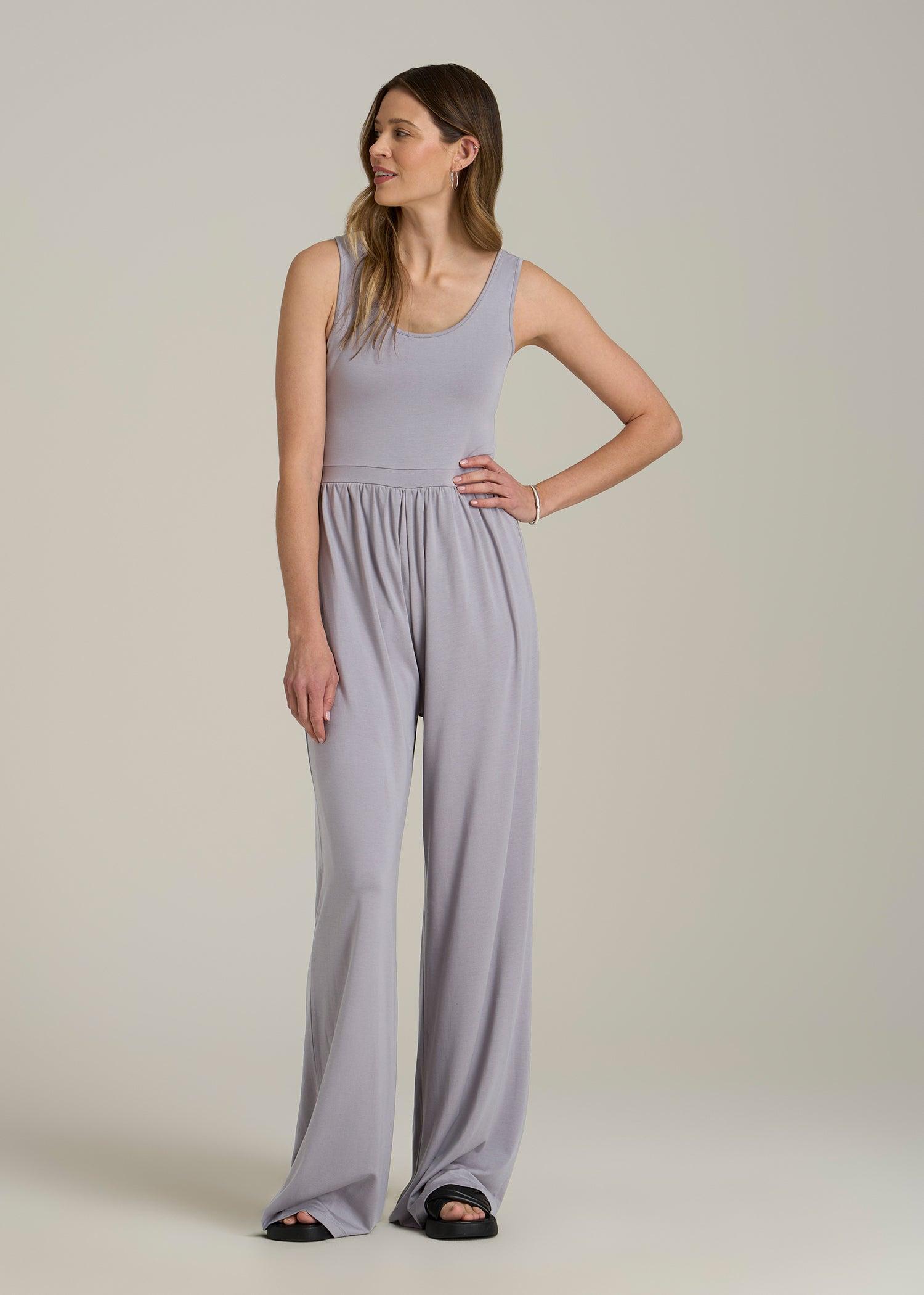 Jersey Tank Wide Leg Tall Women's Jumpsuit with Pockets in Pebble Grey Product Image