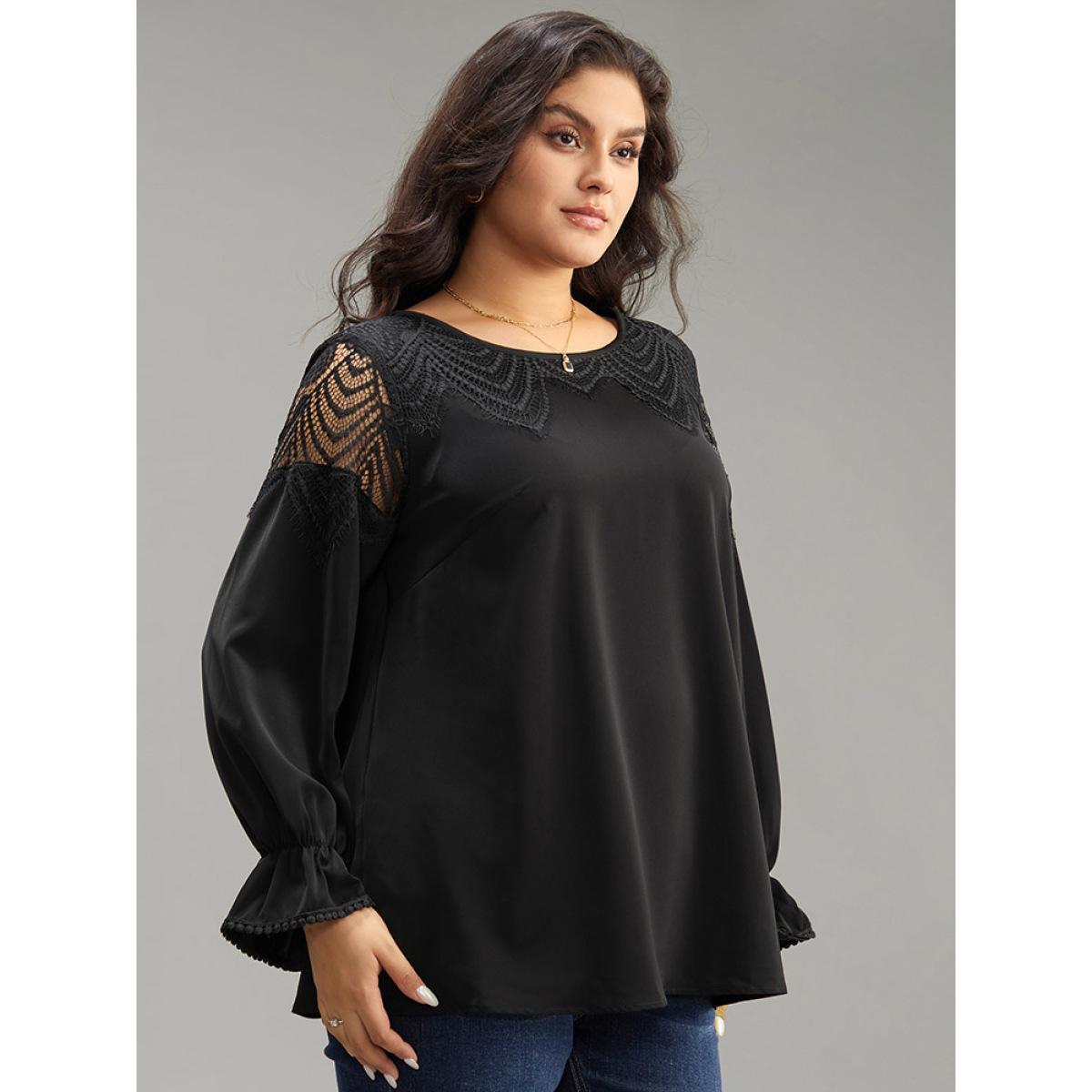 Plus Size Black Anti-Wrinkle Solid Lace Panel Lantern Sleeve Blouse Women Elegant Long Sleeve Round Neck Dailywear Blouses BloomChic 12/L Product Image