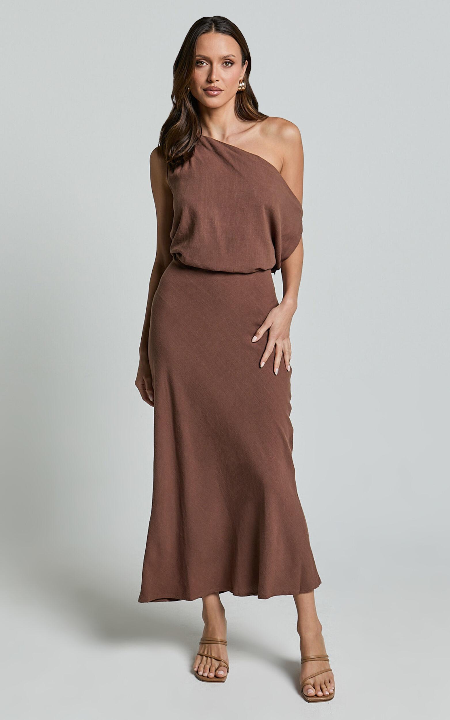 Jacqueline Midi Dress - Linen Look One Shoulder Dress in Chocolate Product Image