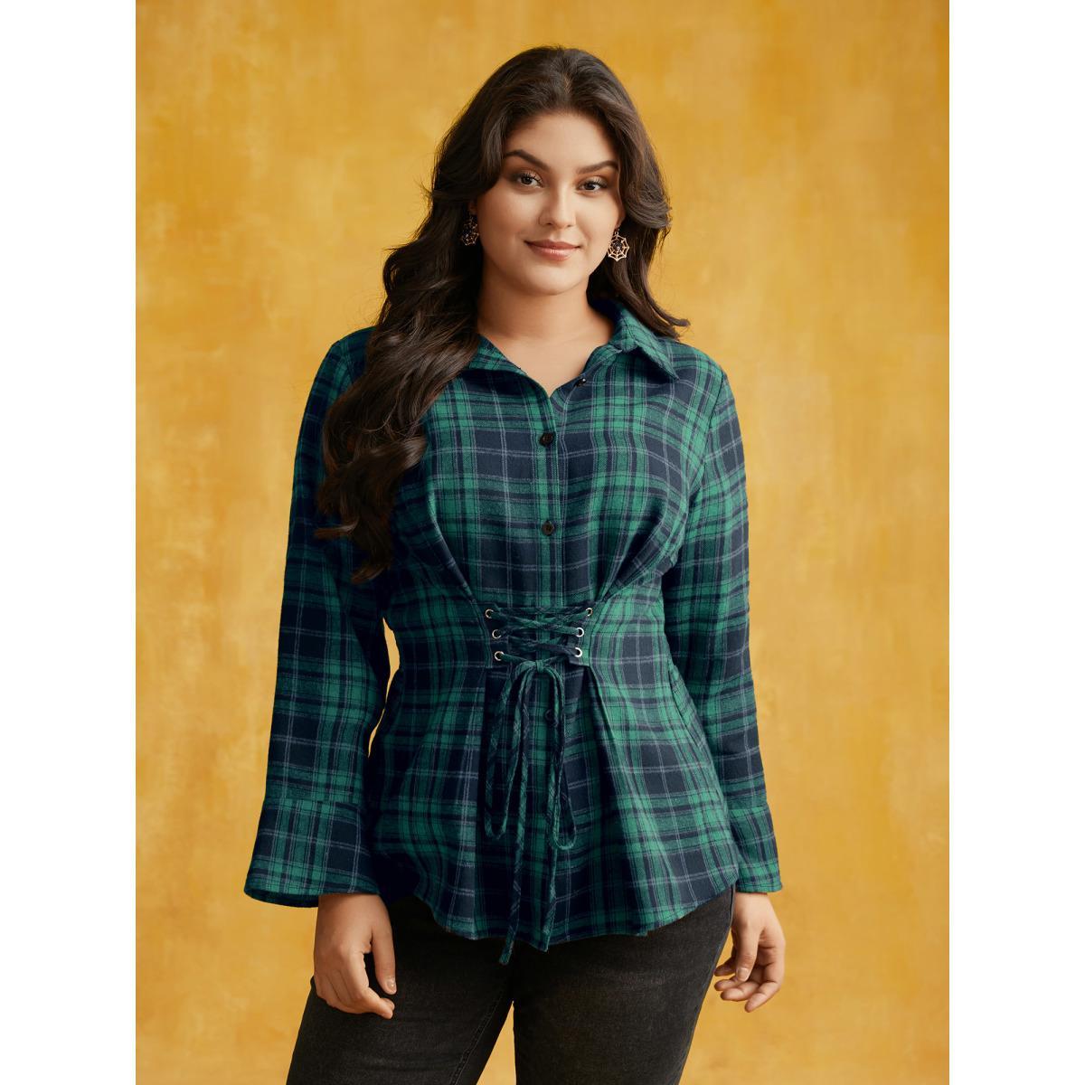 Plus Size Emerald Corset Plaid Waist-Cinching Blouse Women Elegant Long Sleeve Shirt collar Everyday Blouses BloomChic 12/L Product Image