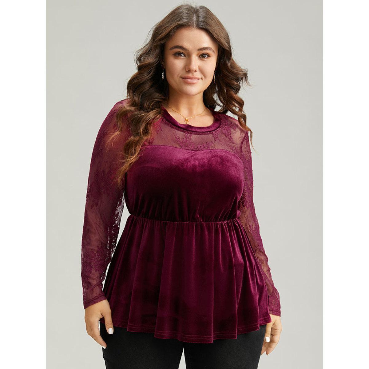 Plus Size Burgundy Velvet Patchwork Mesh Guipure Lace Gathered Blouse Women Elegant Long Sleeve Round Neck Festival-Christmas Blouses BloomChic 18-20/2X Product Image