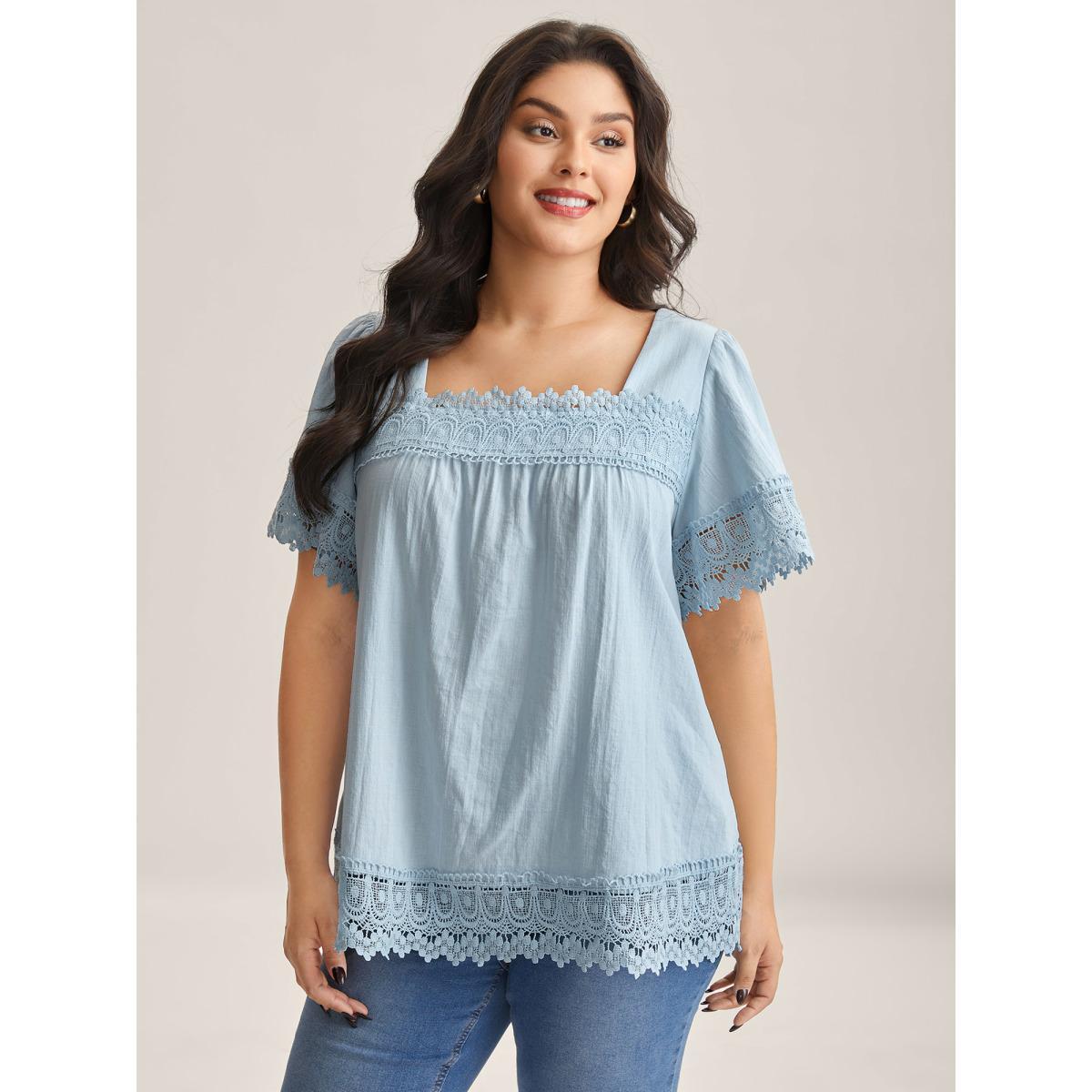 Plus Size LightBlue Lace Trim Spliced Solid Blouse Women Short sleeve Square Neck Everyday-Elegant Blouses BloomChic 14-16/1X Product Image