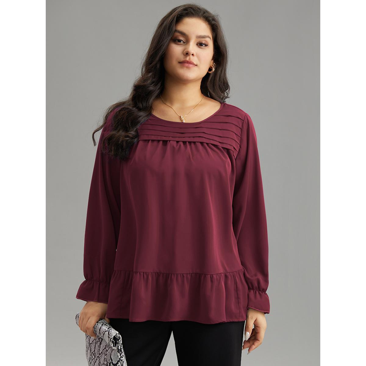 Plus Size Scarlet Static-Free Plain Pleated Ruffles Lantern Sleeve Blouse Women Office Long Sleeve Round Neck Work Blouses BloomChic 30/6X Product Image