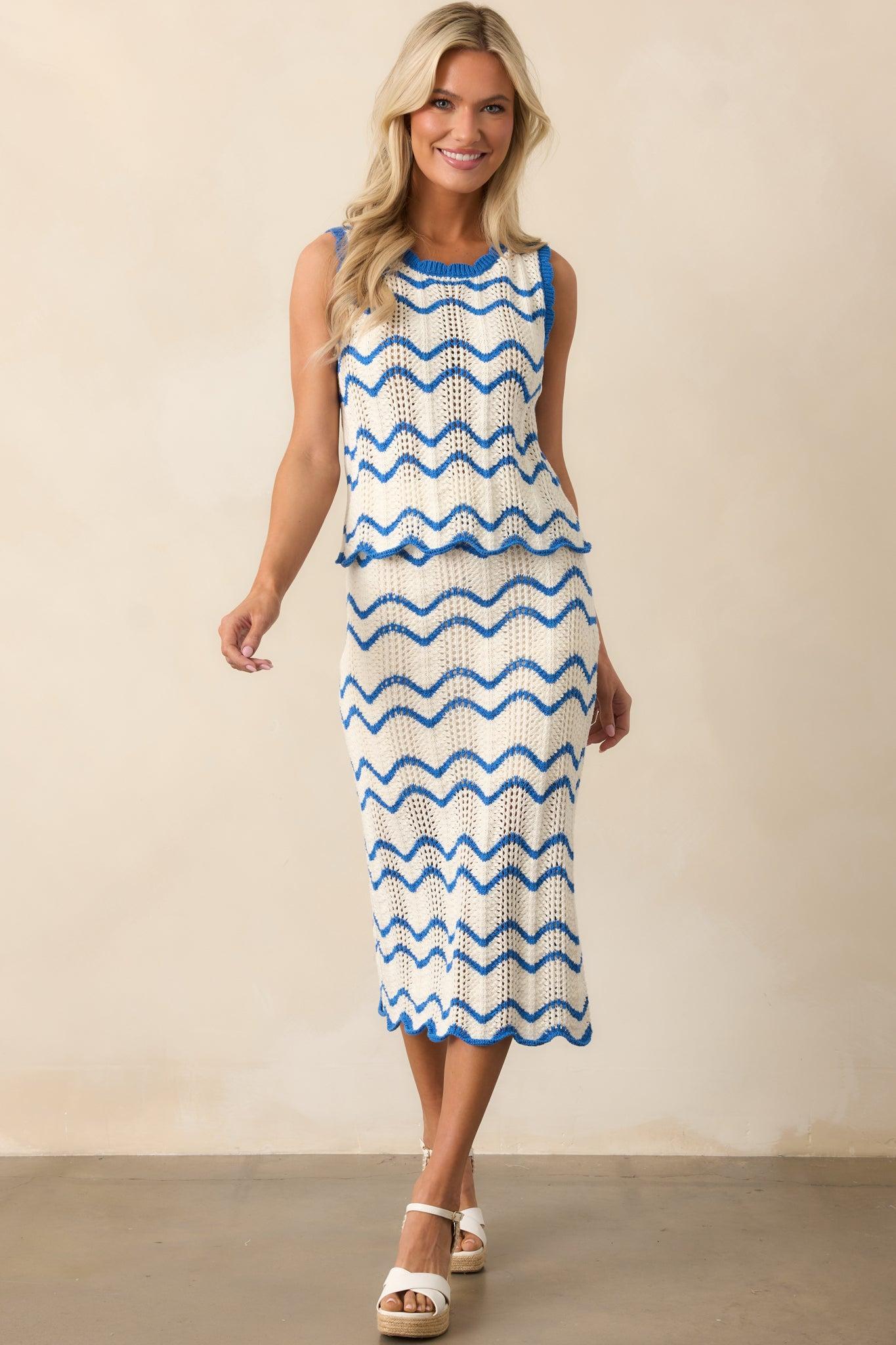 Under The Palm Trees Blue Stripe Crochet Knit Tank Top Product Image