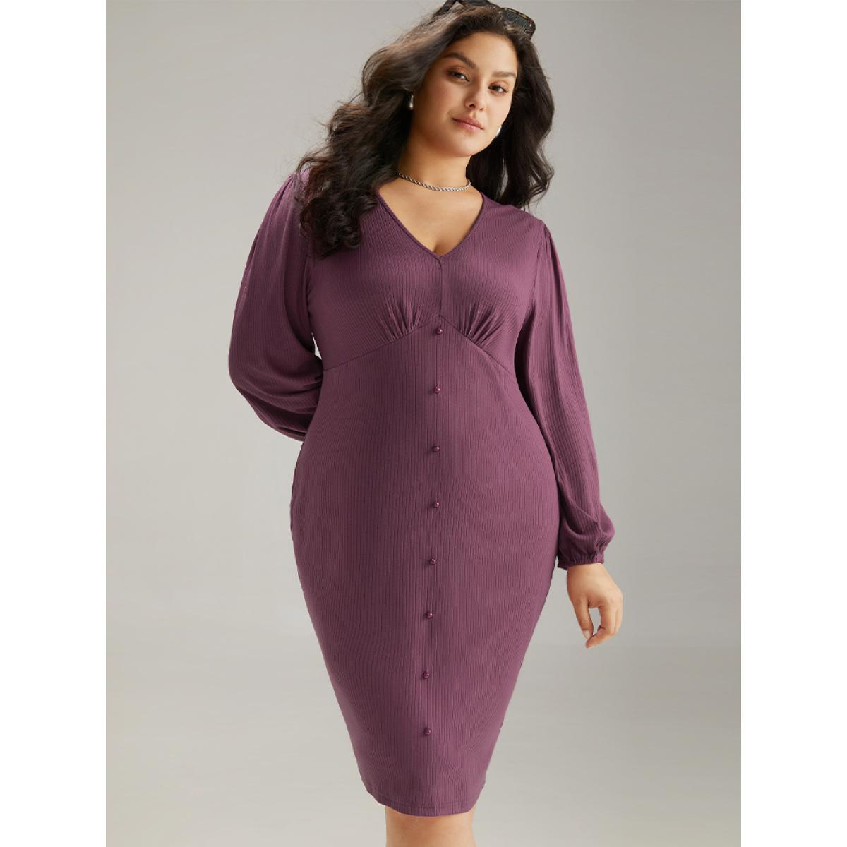 Plus Size Rib Knit Gathered Button Detail Lantern Sleeve Dress Mauve Women Office Elastic cuffs V-neck Long Sleeve Curvy Knee Dress BloomChic 10/M Product Image