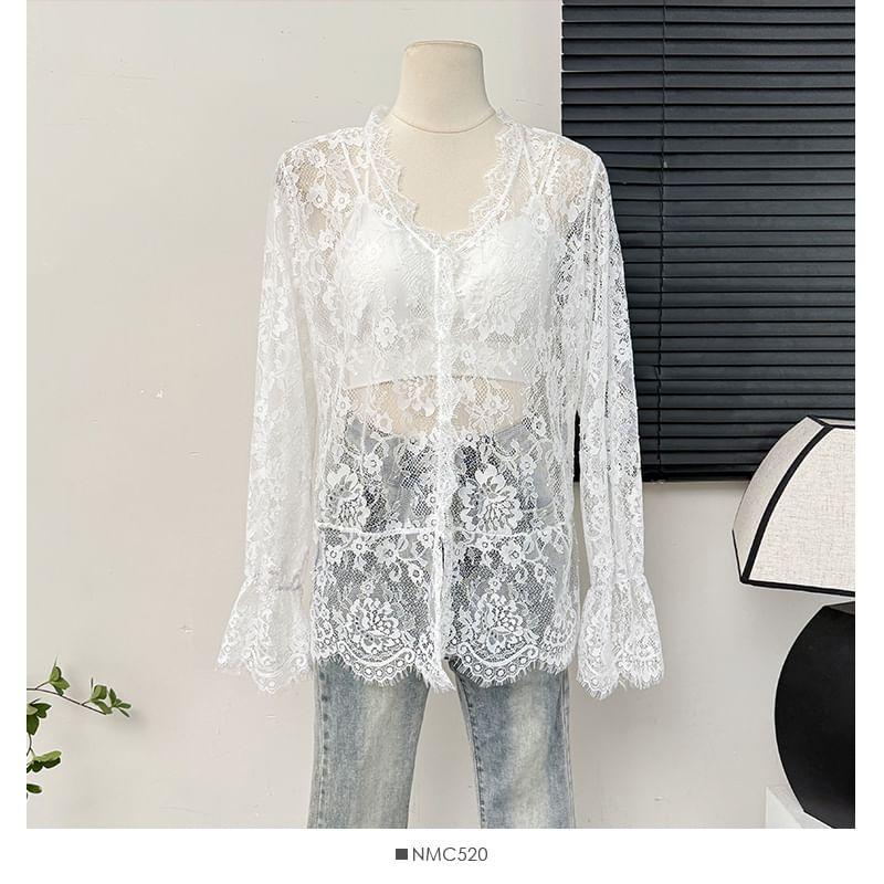 Bell-Sleeve V-Neck Sheer Lace Shirt Product Image