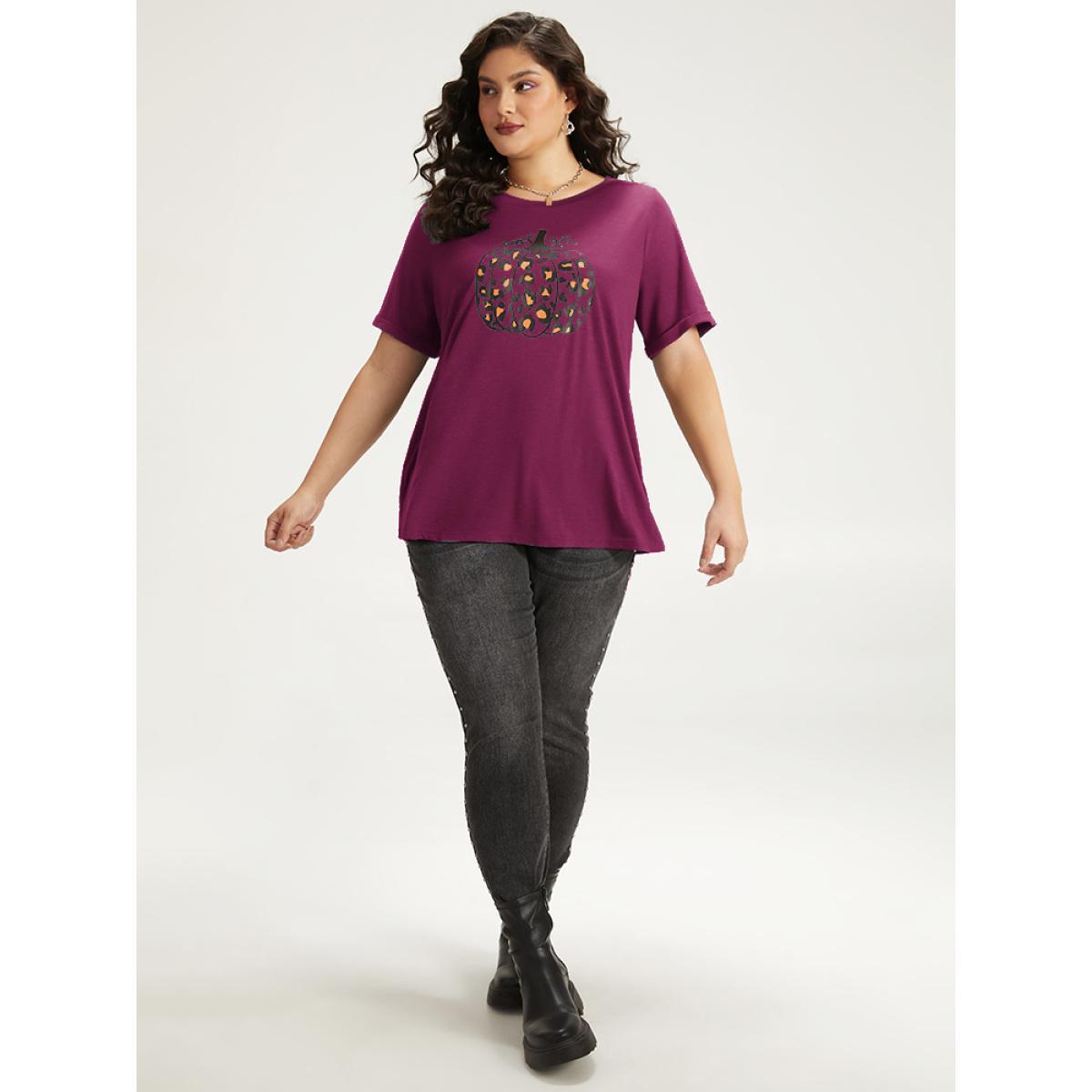 Plus Size Halloween Pumpkin Print Crew Neck T-shirt Crimson Women Casual Printed Halloween Dailywear T-shirts BloomChic 22-24/3X Product Image