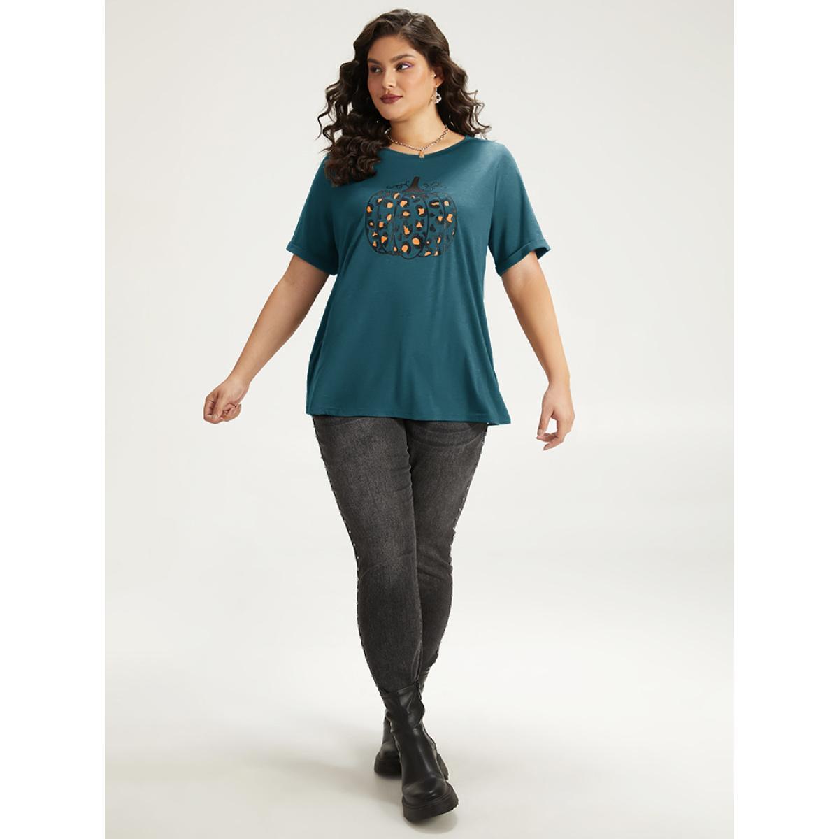 Plus Size Halloween Pumpkin Print Crew Neck T-shirt Indigo Women Casual Printed Halloween Dailywear T-shirts BloomChic 14-16/1X Product Image
