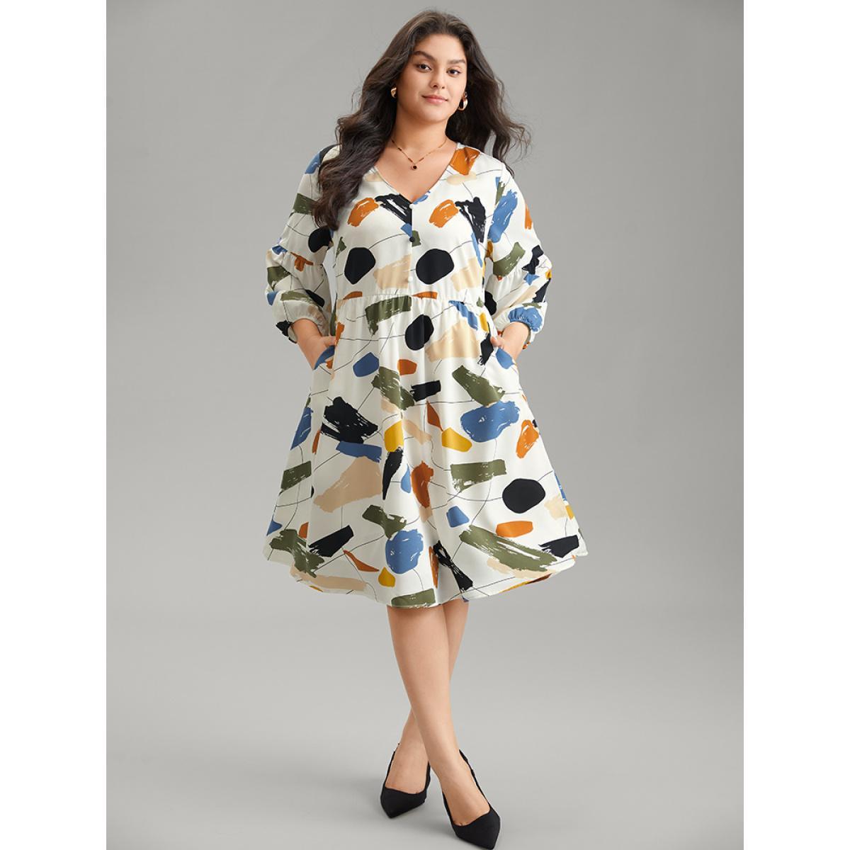 Plus Size Colored Brush Print Pocket Button Detail Dress Ivory Women At the Office Elastic cuffs V-neck Long Sleeve Curvy Midi Dress BloomChic 30/6X Product Image