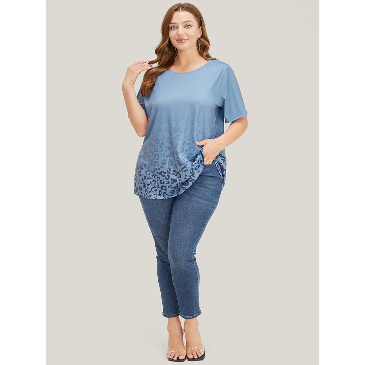 Plus Size Leopard Print Round Neck T-shirt Stone Women Casual Leopard Round Neck Dailywear T-shirts BloomChic 12/L Product Image
