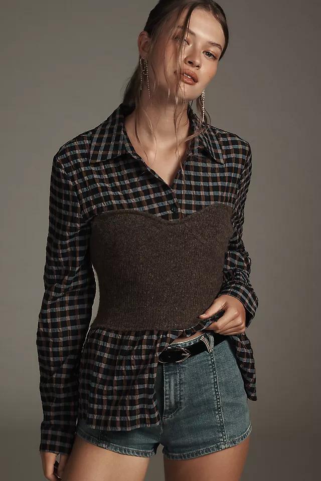Self Contrast Plaid Buttondown Twofer Corset Sweater Top Product Image