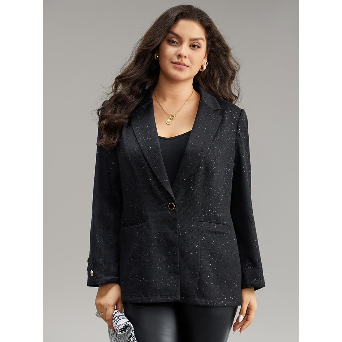 Plus Size Glitter Suit Collar Button Detail Blazer Black Women Work Plain Plain Sleeve Long Sleeve Suit Collar 28/5X Pocket At the Office Blazers BloomChic Product Image