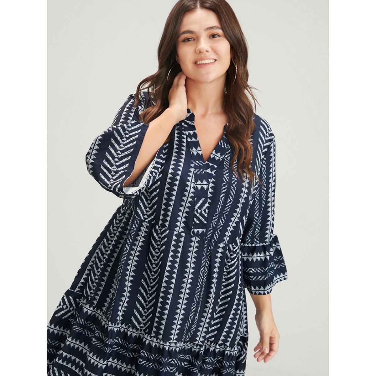 Plus Size Bloom Dress -Geometric Pocket Ruffles V Neck Knee Dress DarkBlue Women Vacation Pocket V-neck Elbow-length sleeve Curvy Knee Dress BloomChic 12/L Product Image