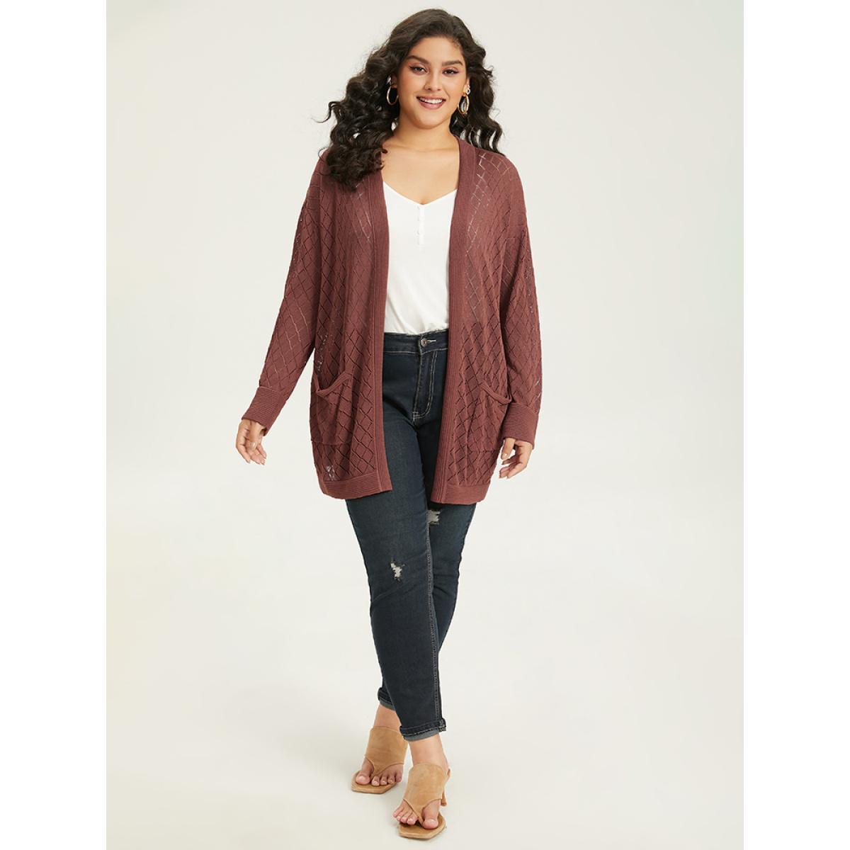 Plus Size Plain Geometric Hollow Out Pocket Cardigan Rust Women Casual Loose Long Sleeve Everyday Cardigans BloomChic 30/6X Product Image