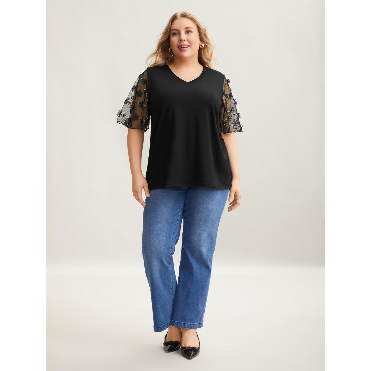 Plus Size Sheer Mesh Sleeve Stretchy T-Shirt Black Women Elegant See through V-neck Everyday T-shirts BloomChic 30/6X Product Image