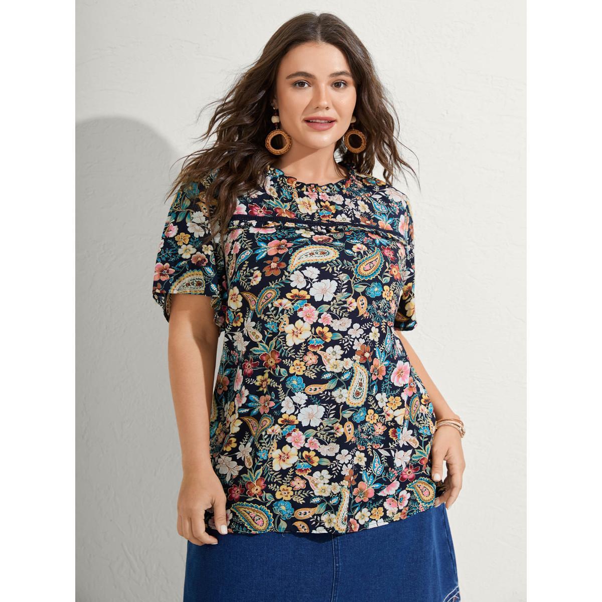 Plus Size Indigo Paisley Print Lace Ruffled Blouse Women Short sleeve Mock Neck Vacation Blouses BloomChic 12/L Product Image