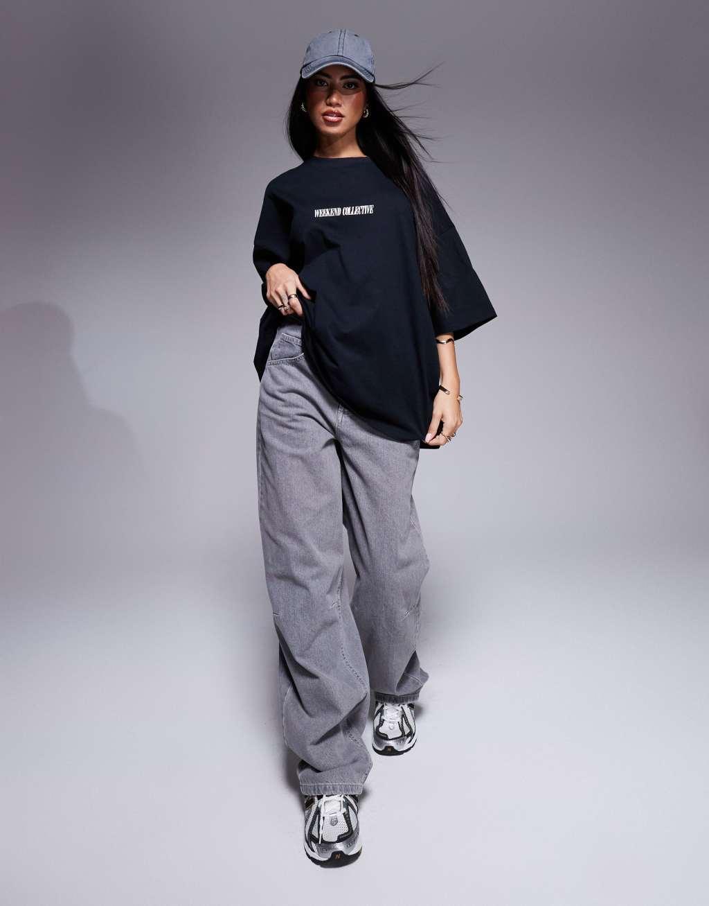 Weekend Collective Icon oversized t-shirt with stacked back logo in black Product Image