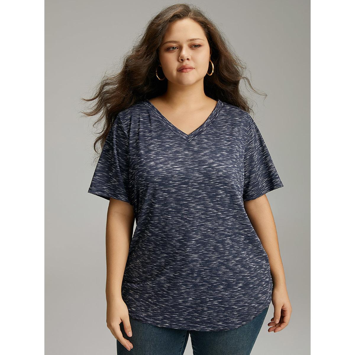 Plus Size Heather Split Side Basic T-shirt Indigo Women Casual Texture Plain V-neck Dailywear T-shirts BloomChic 22-24/3X Product Image