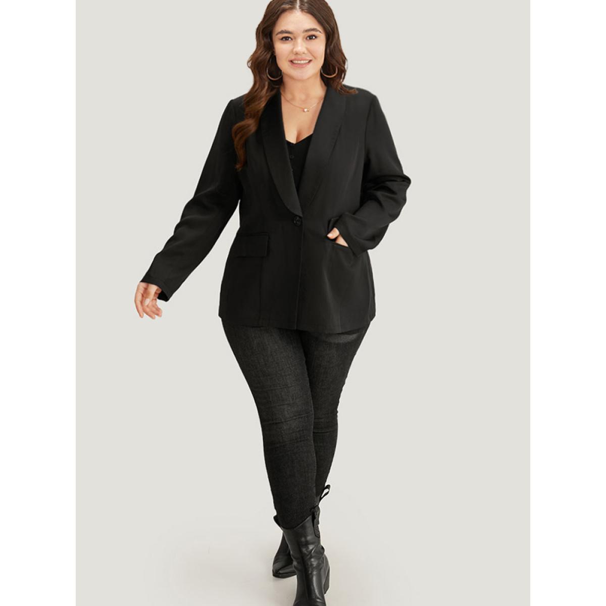 Plus Size Plain Suit Collar Button Up Pocket Blazer Black Women Work Plain Plain Sleeve Long Sleeve Suit Collar 14-16/1X Pocket At the Office Blazers BloomChic Product Image