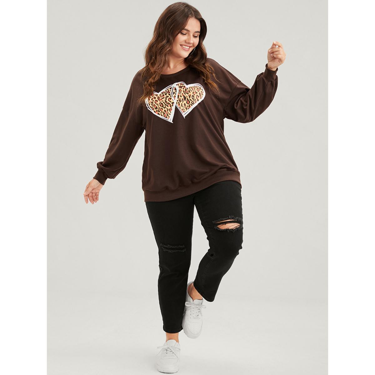 Plus Size Heart & Leopard Print Drop Shoulder Sweatshirt Women DarkBrown Casual Plain Round Neck Dailywear Sweatshirts BloomChic 18-20/2X Product Image