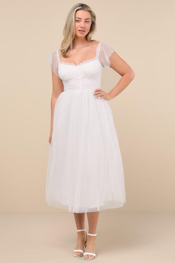 Regal Radiance White Tulle Bustier Midi Dress Product Image