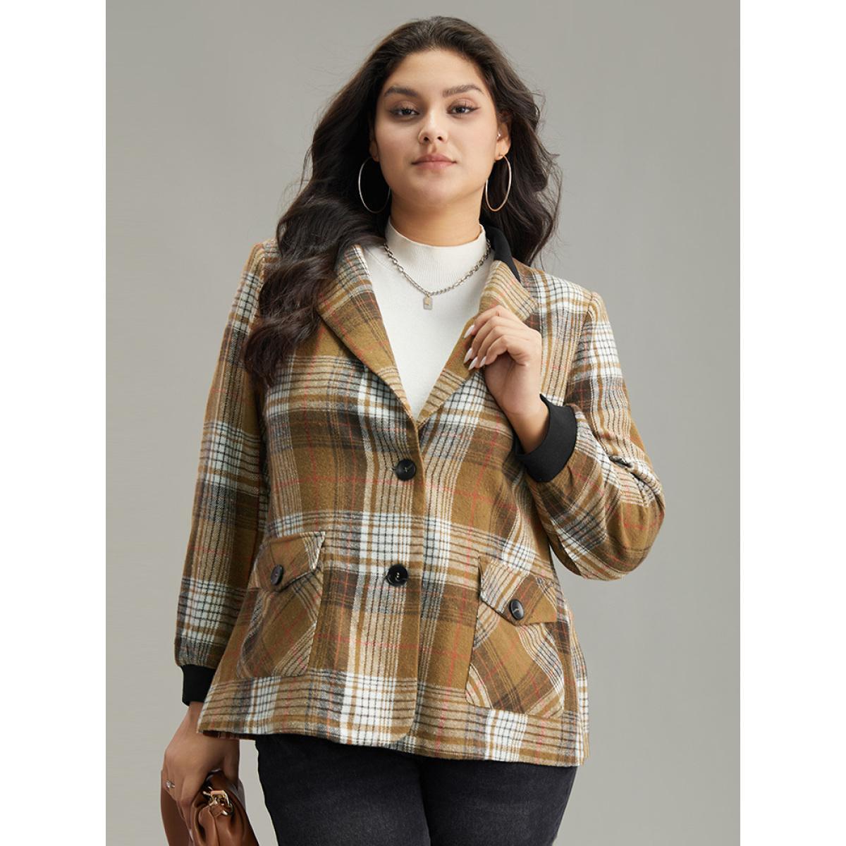 Plus Size Lapel Collar Plaid Button Up Blazer Bronze Women Work Plaid Contrast Sleeve Long Sleeve Lapel Collar 14-16/1X Pocket Office Blazers BloomChic Product Image