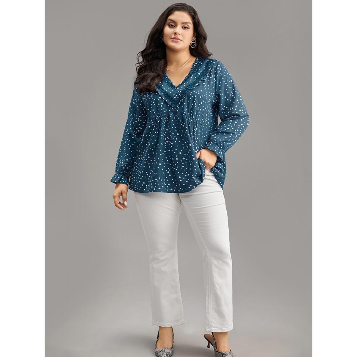 Plus Size Aegean Guipure Lace Polka Dot Blouse Women Elegant Long Sleeve V-neck Dailywear Blouses BloomChic 28/5X Product Image