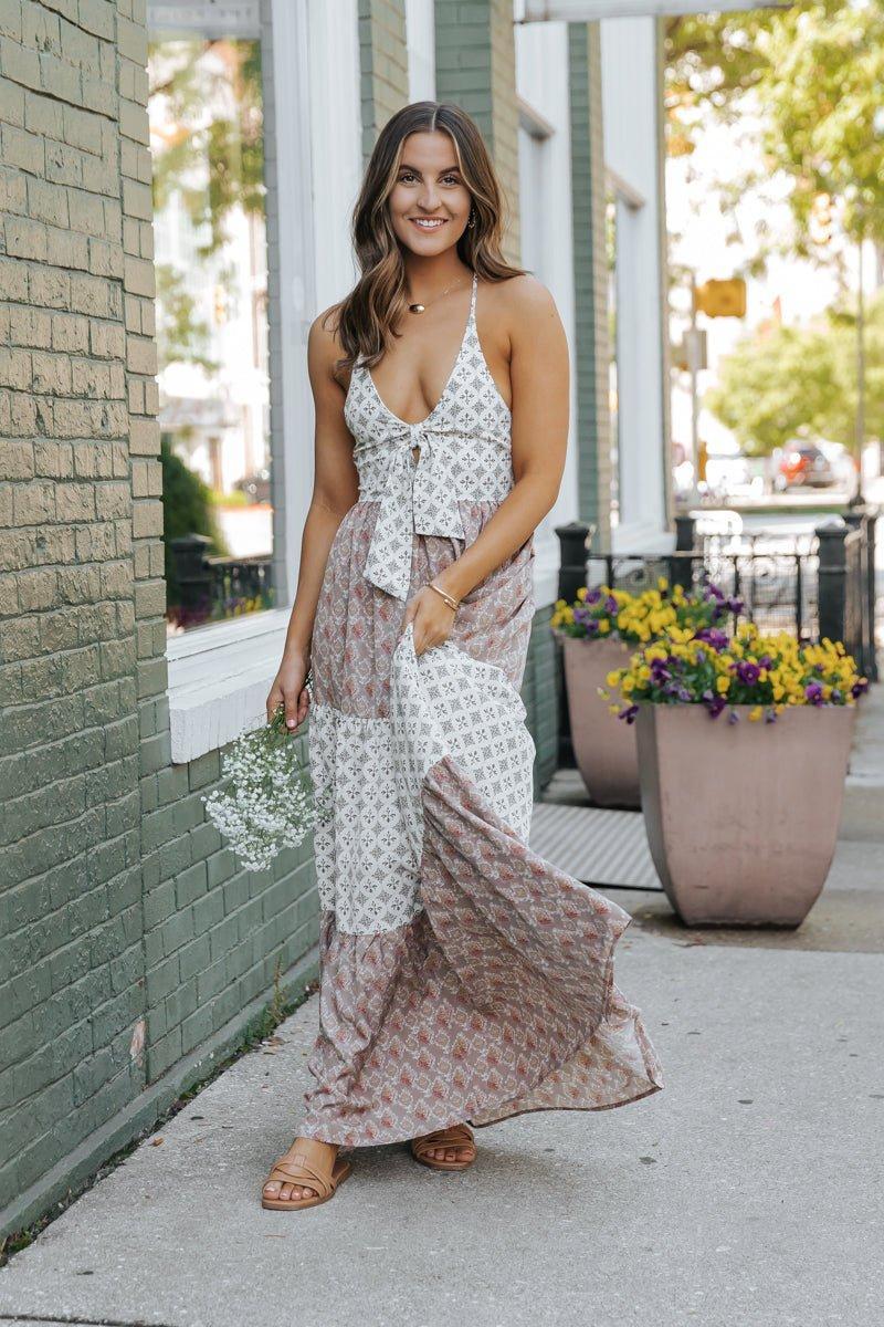 Cream Color Block Halter Maxi Dress Product Image