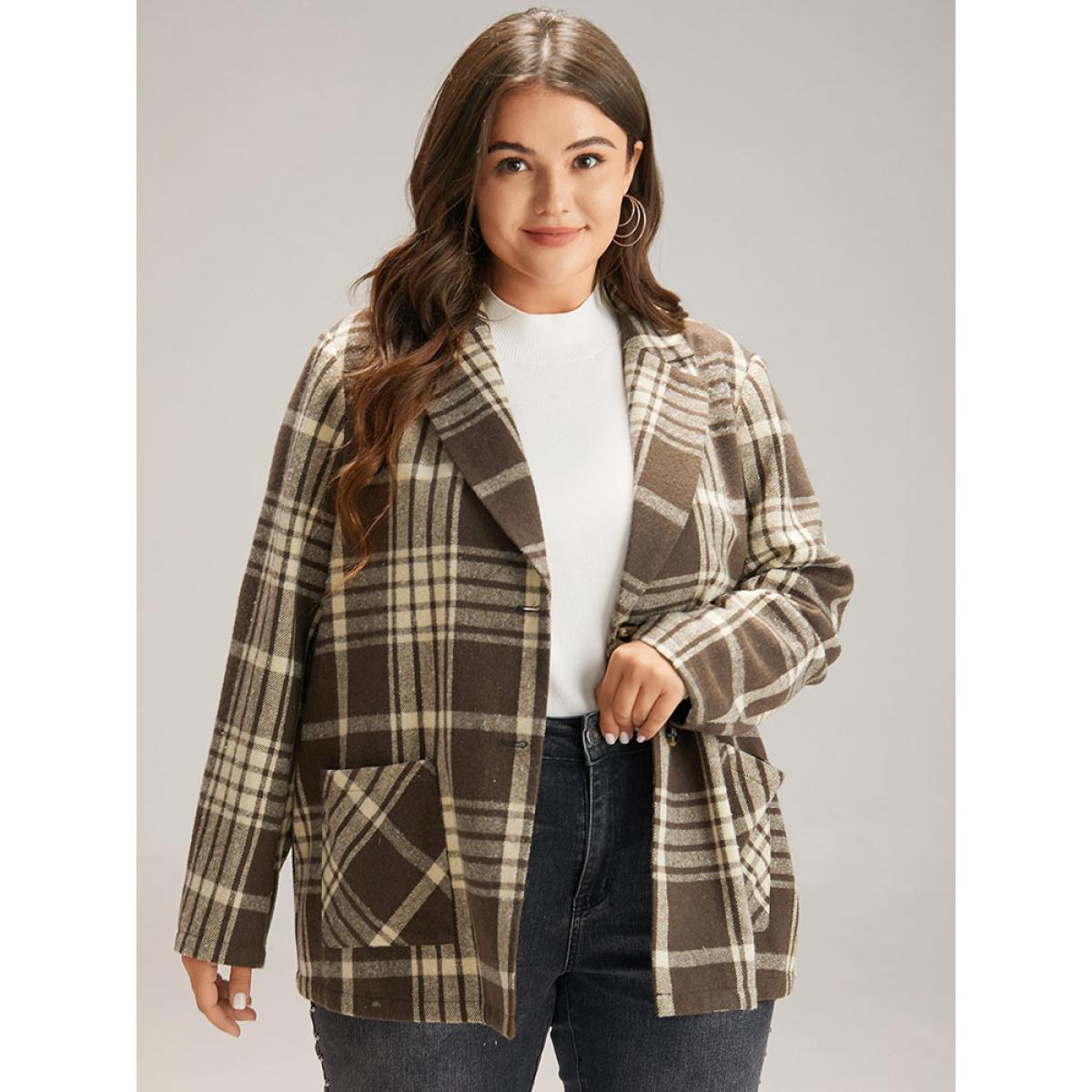 Plus Size Plaid Patched Pocket Button Through Coat Women DarkBrown Casual Contrast Ladies Dailywear Winter Coats BloomChic 26/4X Product Image