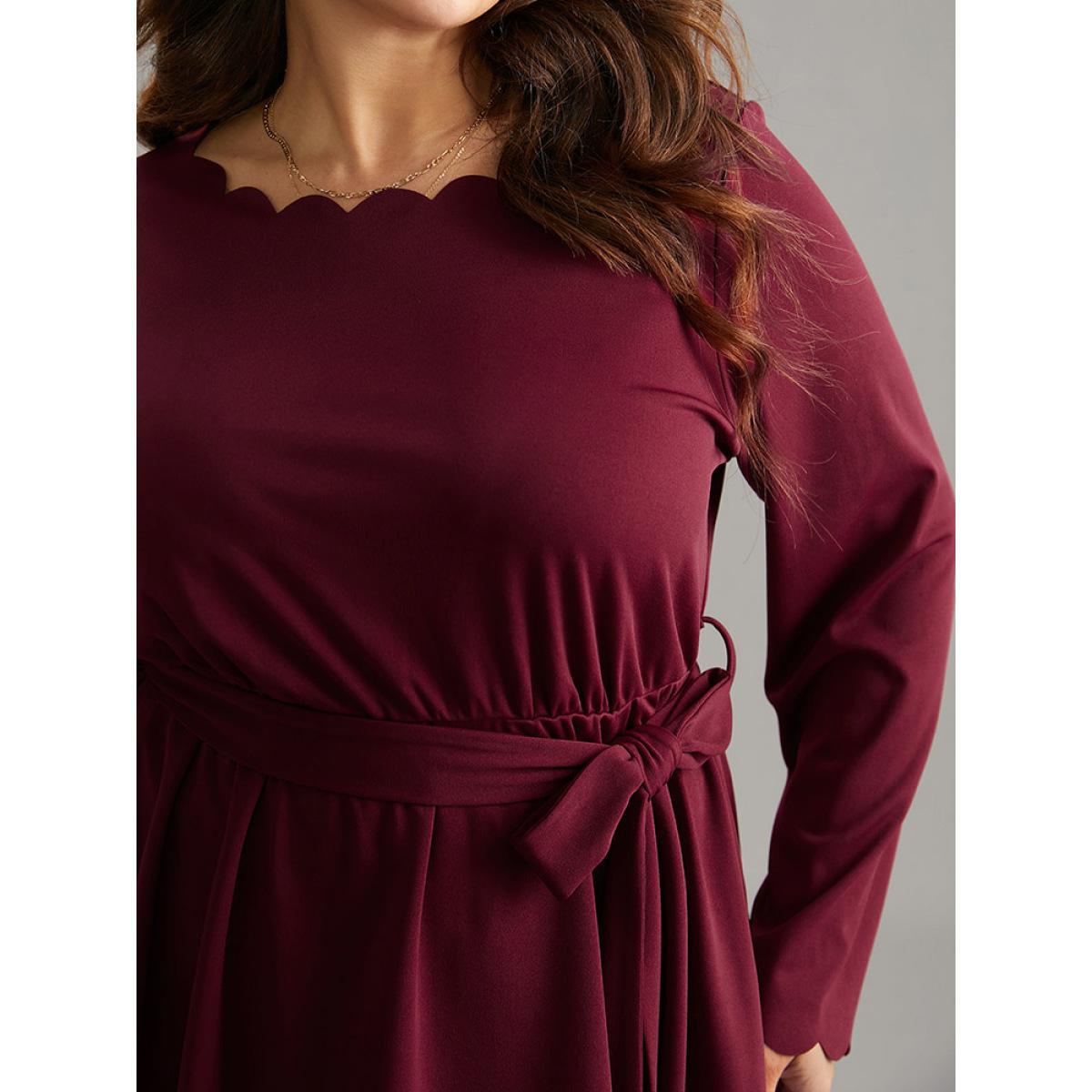 Plus Size Scarlet Solid Scalloped Trim Elastic Waist Belted Blouse Women Office Long Sleeve Round Neck Party Blouses BloomChic 14-16/1X Product Image