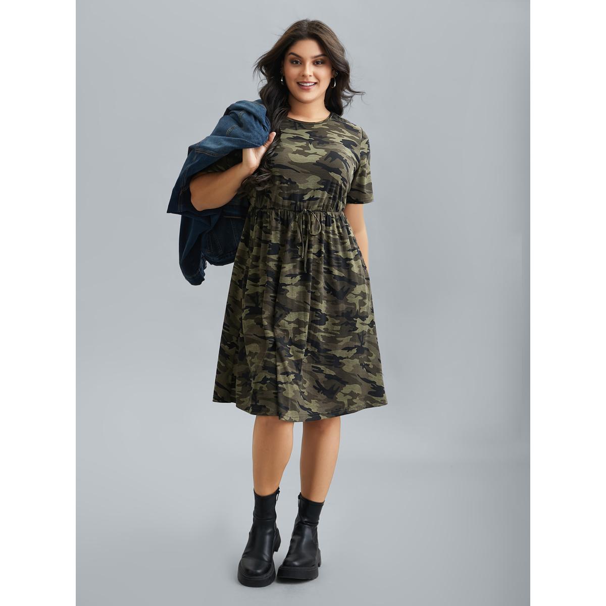 Plus Size Camouflage Print Round Neck Pockets Midi Dress ArmyGreen Women Casual Tie knot Knit Dresses Bloomchic 28/5X Product Image