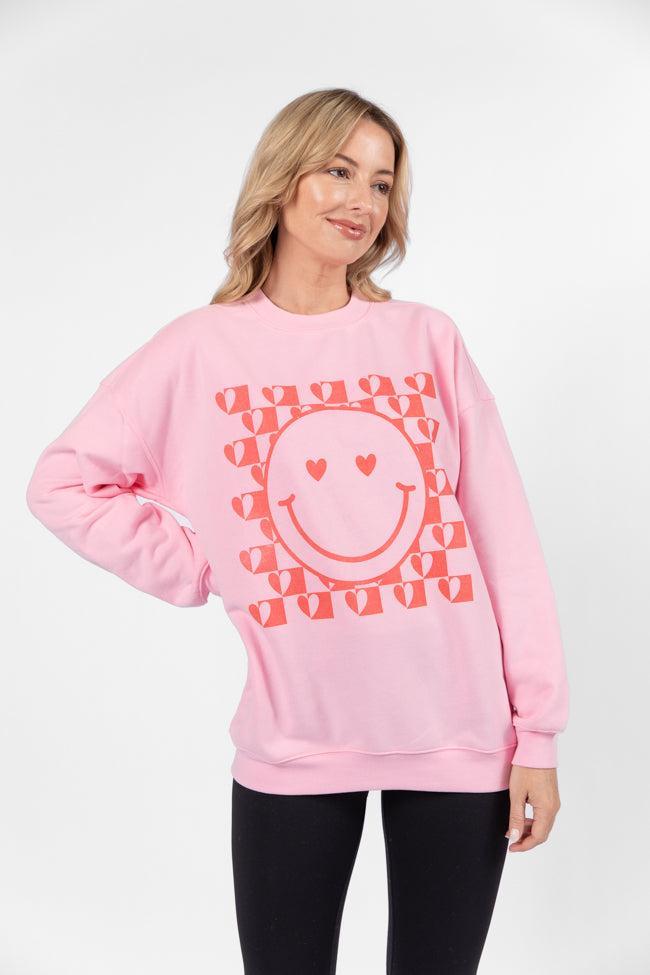 Heart Checkered Smiley Light Pink Graphic Sweatshirt Product Image