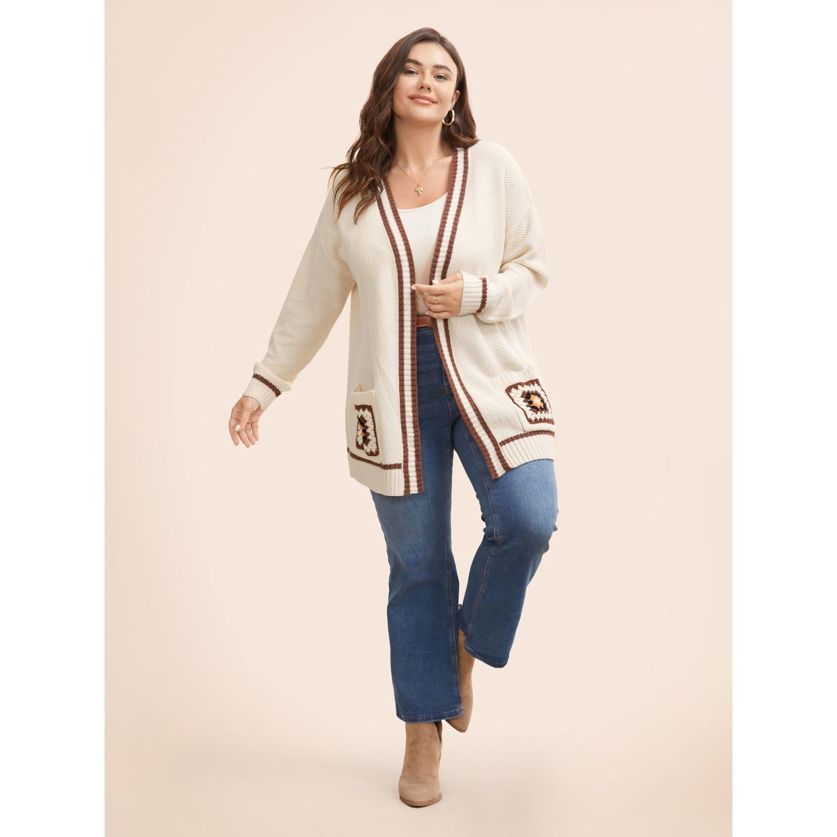Plus Size Crochet Floral Patch Pocket Drop Shoulder Cardigan Beige Women Casual Loose Long Sleeve Everyday Cardigans BloomChic 22-24/3X Product Image