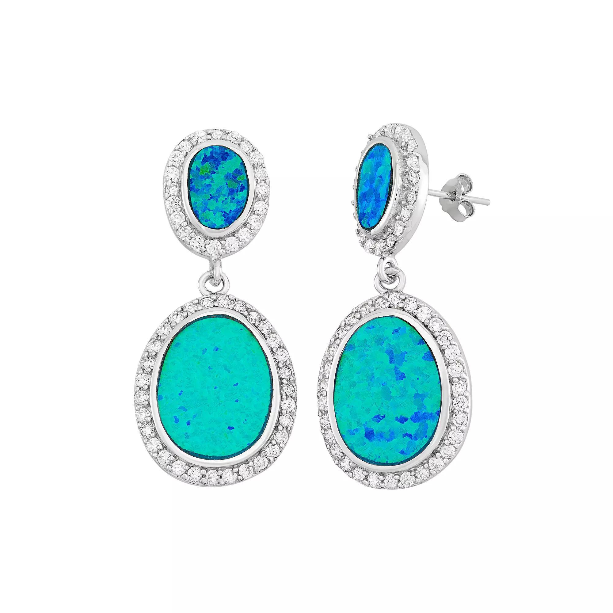 Lab-Created Blue Opal & Cubic Zirconia Sterling Silver Oval Drop Earrings, Womens Product Image