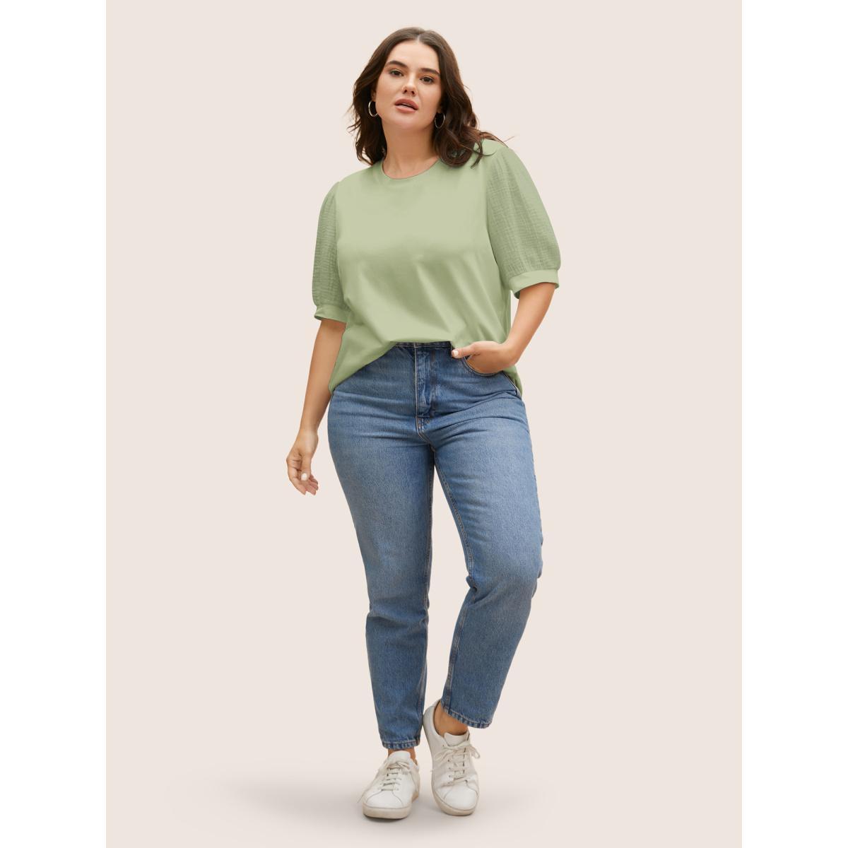Plus Size Plain Textured Patchwork Lantern Sleeve T-shirt LightGreen Women Casual Texture Round Neck Everyday T-shirts BloomChic 12/L Product Image