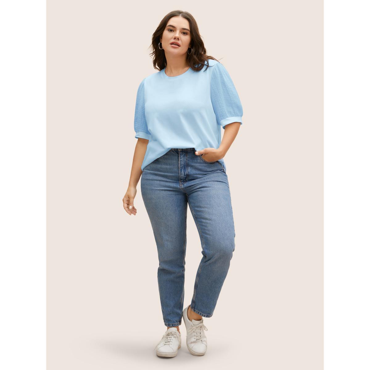 Plus Size Plain Textured Patchwork Lantern Sleeve T-Shirt LightBlue Women Casual Texture Round Neck Everyday T-shirts BloomChic 26/4X Product Image