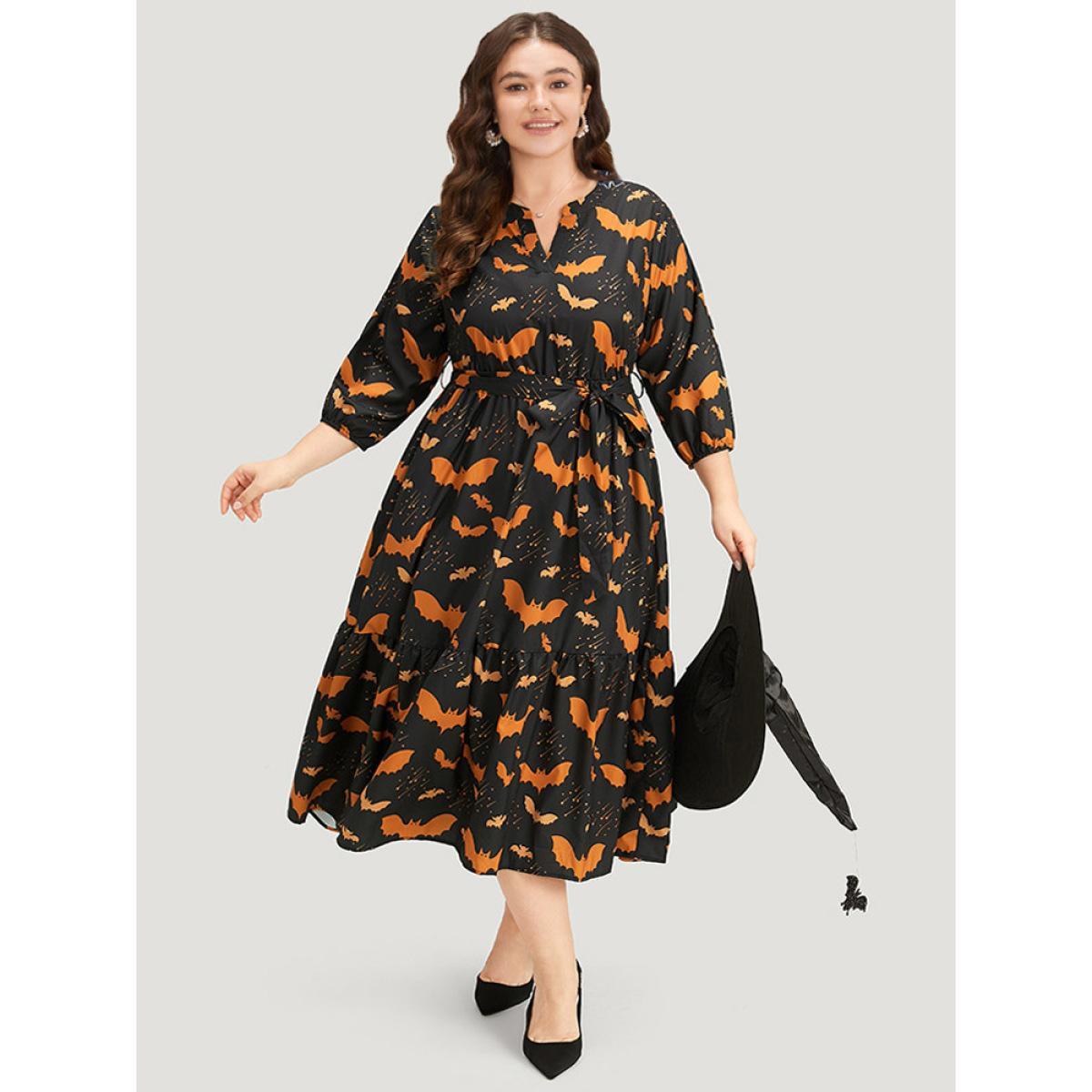 Plus Size Halloween Bat Print Notched Belted Pocket Dress Black Women Office Elastic cuffs Notched collar Elbow-length sleeve Curvy Midi Dress BloomChic 28/5X Product Image