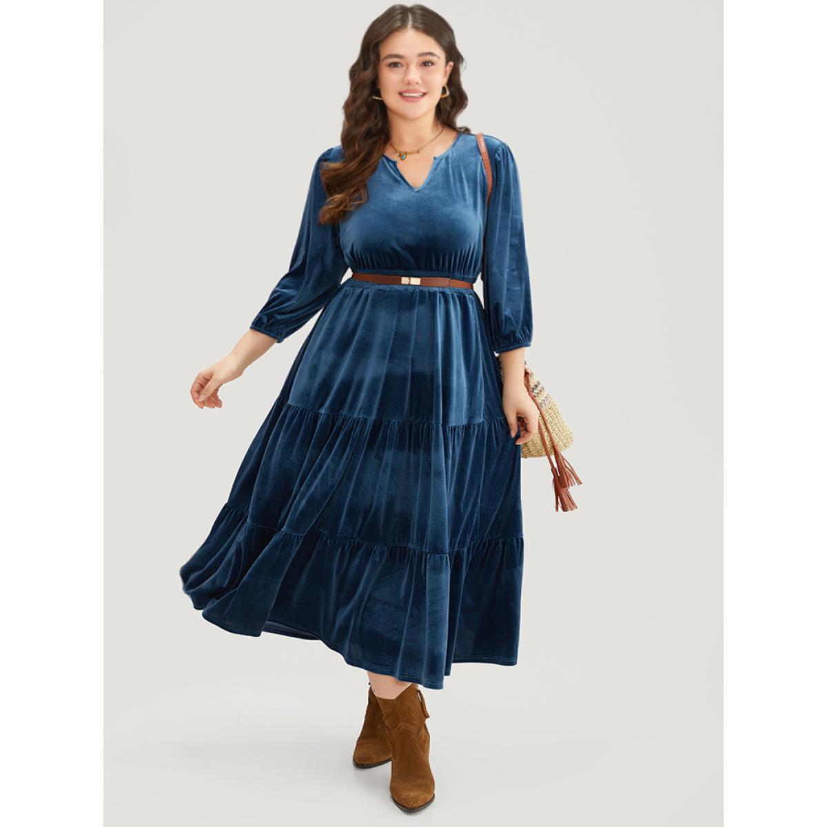Plus Size Velvet Solid Notched Shirred Tiered Hem Dress Cerulean Women Vacation Elastic cuffs Notched collar Elbow-length sleeve Curvy Midi Dress BloomChic 30/6X Product Image
