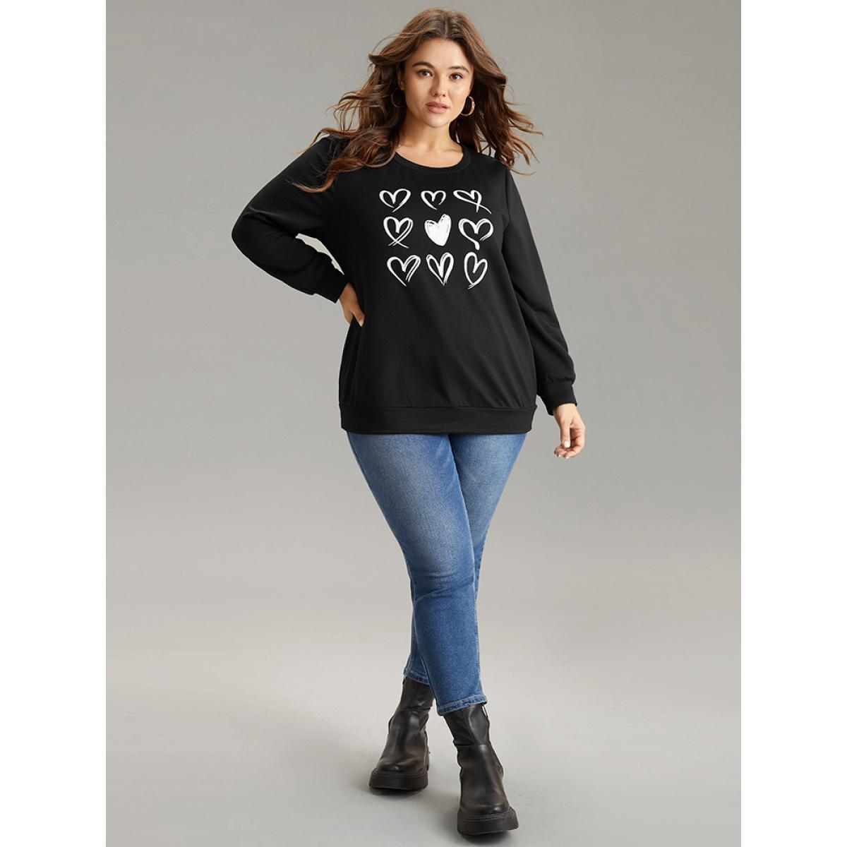 Plus Size Heart Print Round Neck Sweatshirt Women Black Casual Printed Dailywear Sweatshirts BloomChic 22-24/3X Product Image