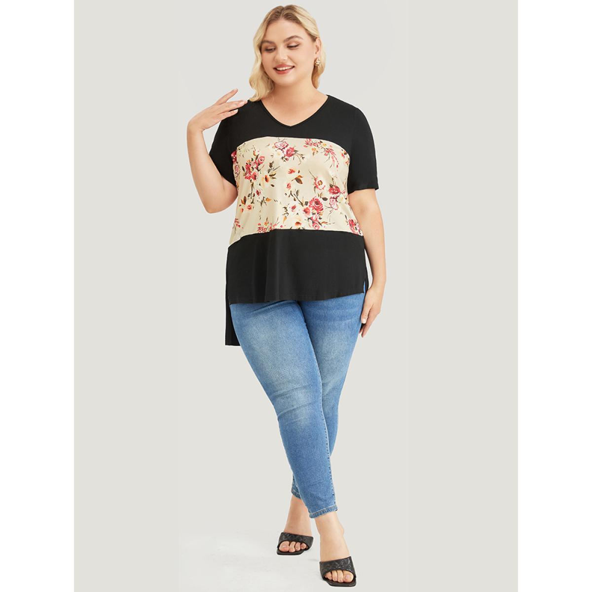 Plus Size Floral Print Colorblock Contrast Split High Low Hem T-shirt Black Women Elegant Floral V-neck Dailywear T-shirts BloomChic 18-20/2X Product Image