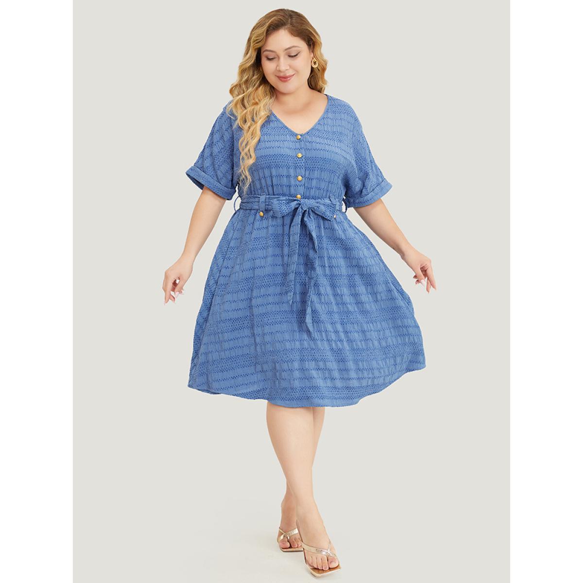 Plus Size Solid Textured Pocket Roll Batwing Sleeve Button Up Knee Dress Stone Women Office Cross straps V-neck Short sleeve Curvy Knee Dress BloomChic 22-24/3X Product Image