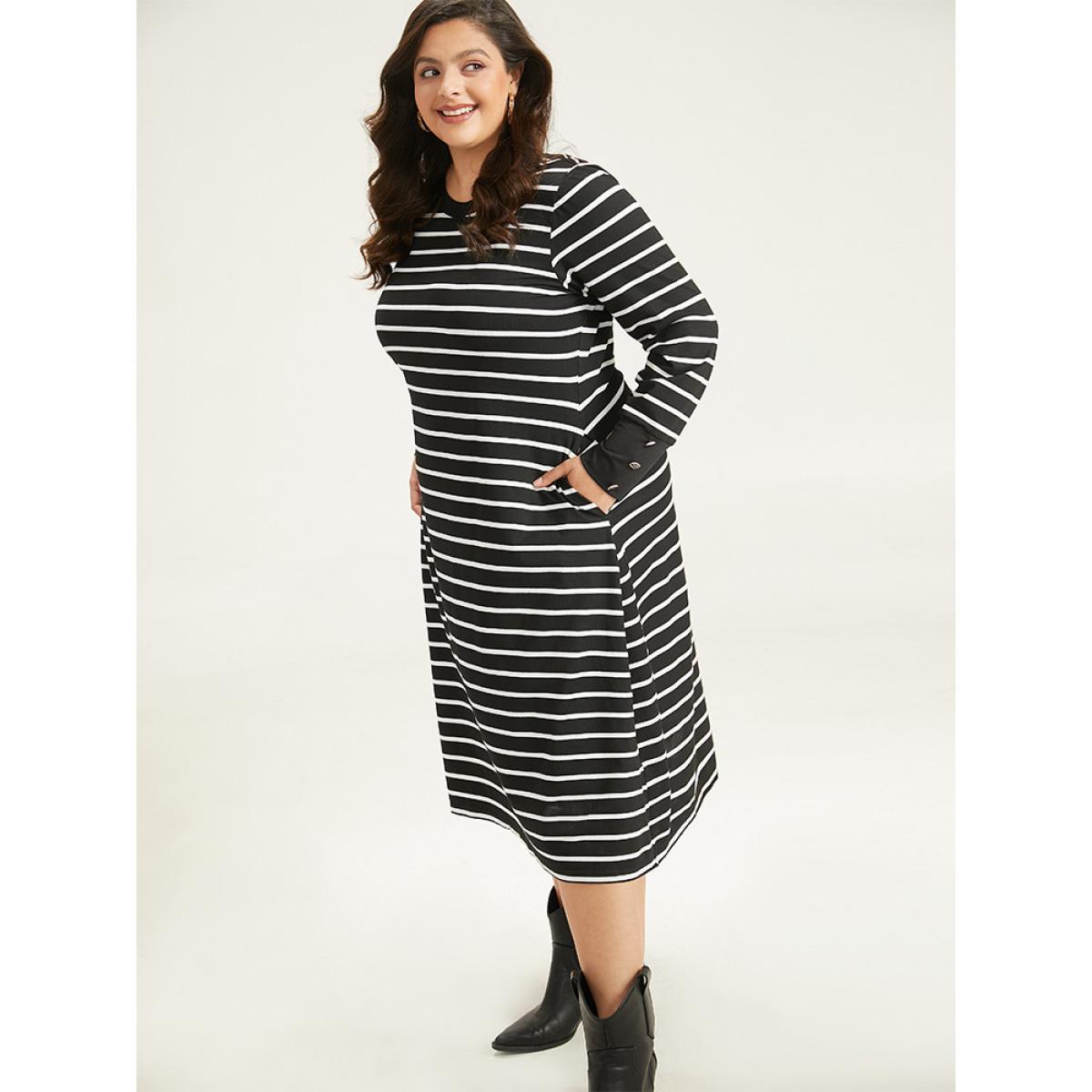 Plus Size Rib Knit Striped Button Detail Patchwork Dress Black Women Casual Printed Round Neck Long Sleeve Curvy Midi Dress BloomChic 18-20/2X Product Image
