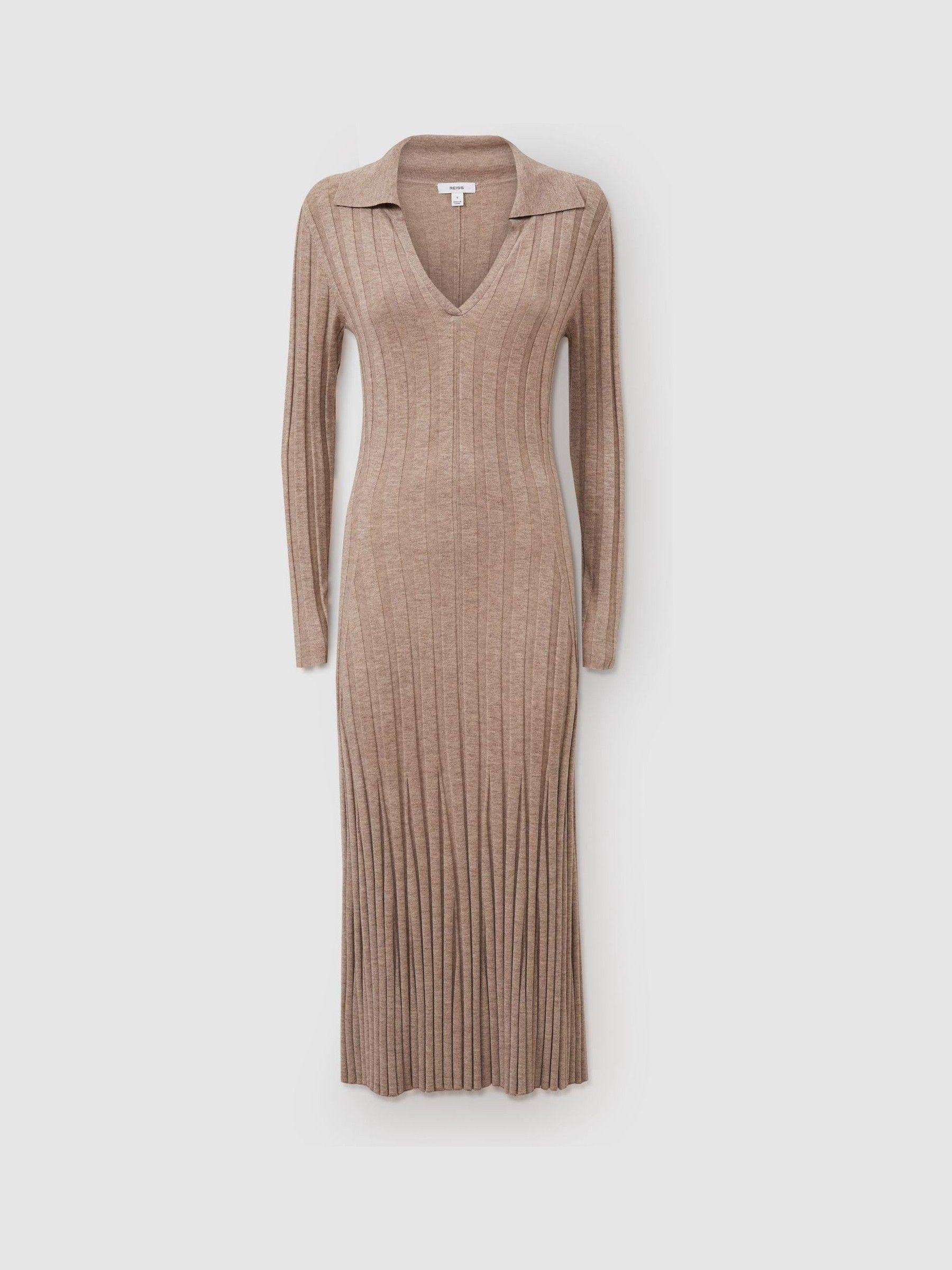 Petite Knitted Open-Collar Midi Dress in Neutral Product Image